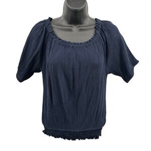 Michael Kors Blouse WMNS XS Navy Blue Smocked Hem Crinkled Short Sleeve Pullover